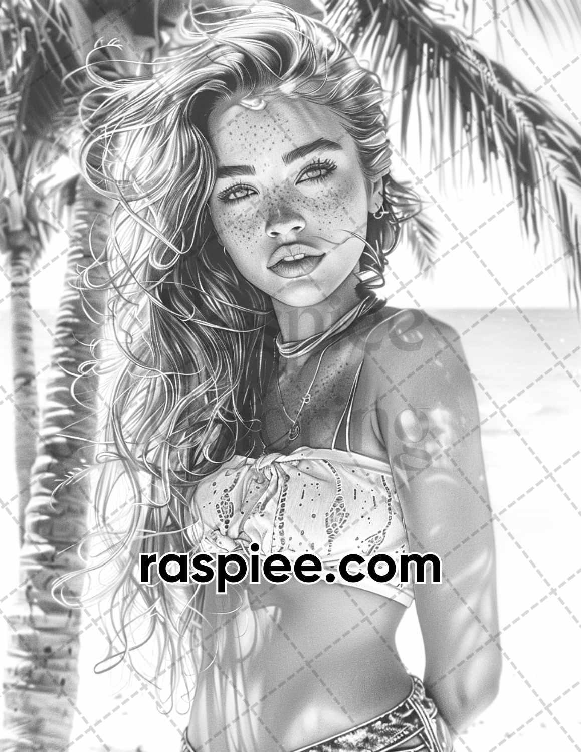 70 Beautiful Tropical Girls Grayscale Adult Coloring Pages Printable PDF Instant Download