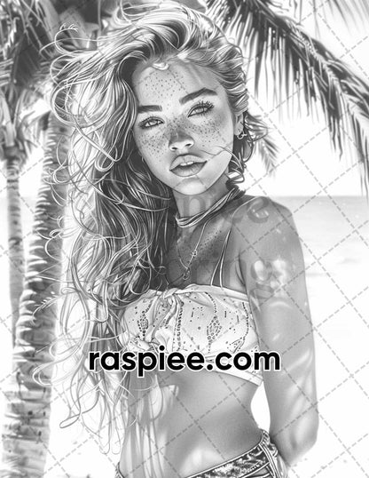 70 Beautiful Tropical Girls Grayscale Adult Coloring Pages Printable PDF Instant Download