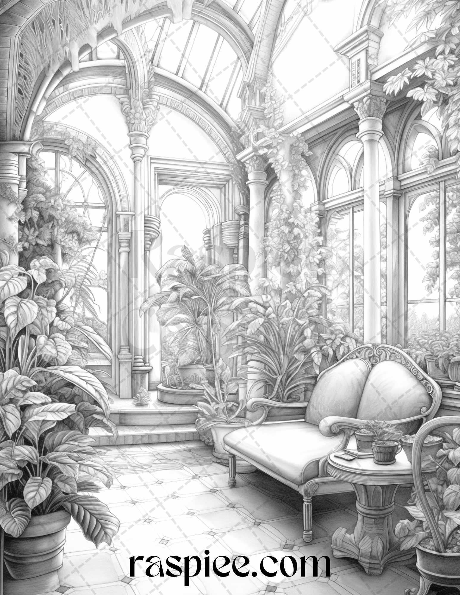 Fantasy Interior Grayscale Coloring Pages for Adults, Printable PDF File Instant Download