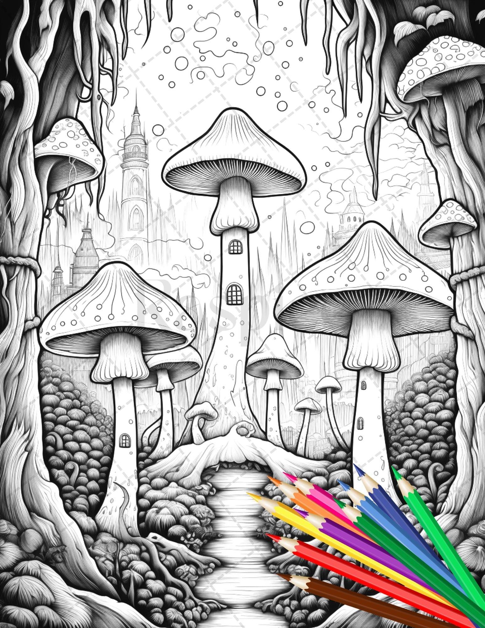 Psychedelic Mushroom Forest Coloring Book Printable for Adults, Trippy Grayscale Coloring Page, PDF File Instant Download