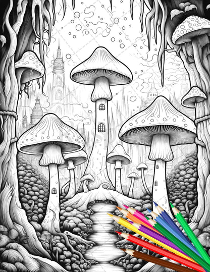 Psychedelic Mushroom Forest Coloring Book Printable for Adults, Trippy Grayscale Coloring Page, PDF File Instant Download