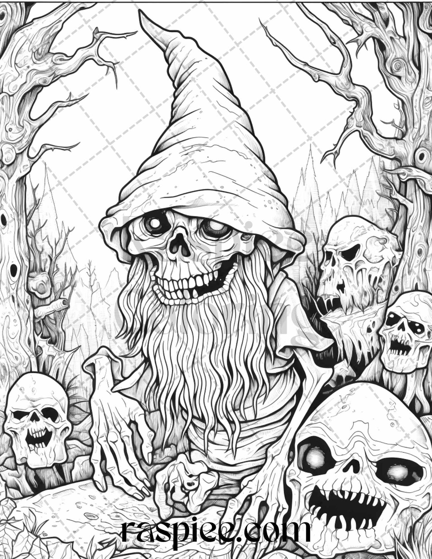 50 Horror Zombie Gnomes Grayscale Coloring Pages Printable for Adults, PDF File Instant Download