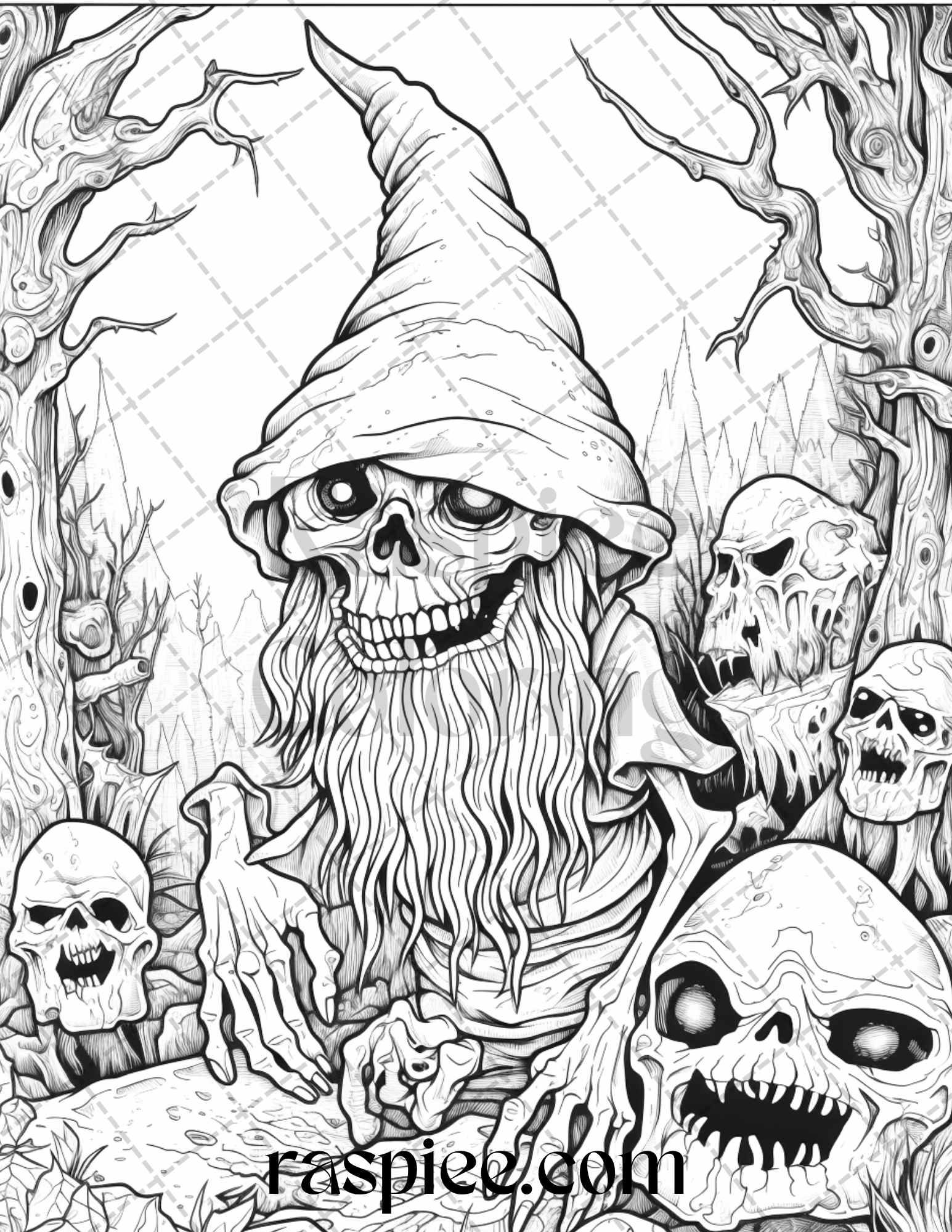 50 Horror Zombie Gnomes Grayscale Coloring Pages Printable for Adults, PDF File Instant Download