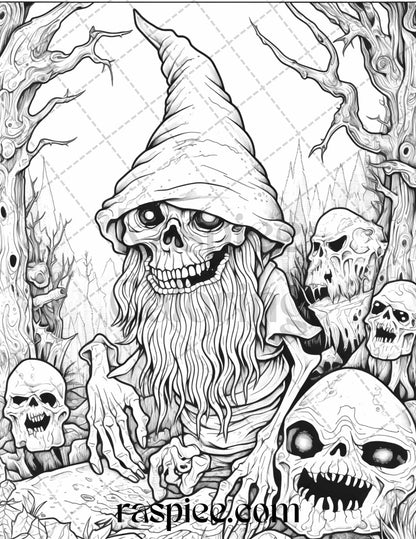 50 Horror Zombie Gnomes Grayscale Coloring Pages Printable for Adults, PDF File Instant Download