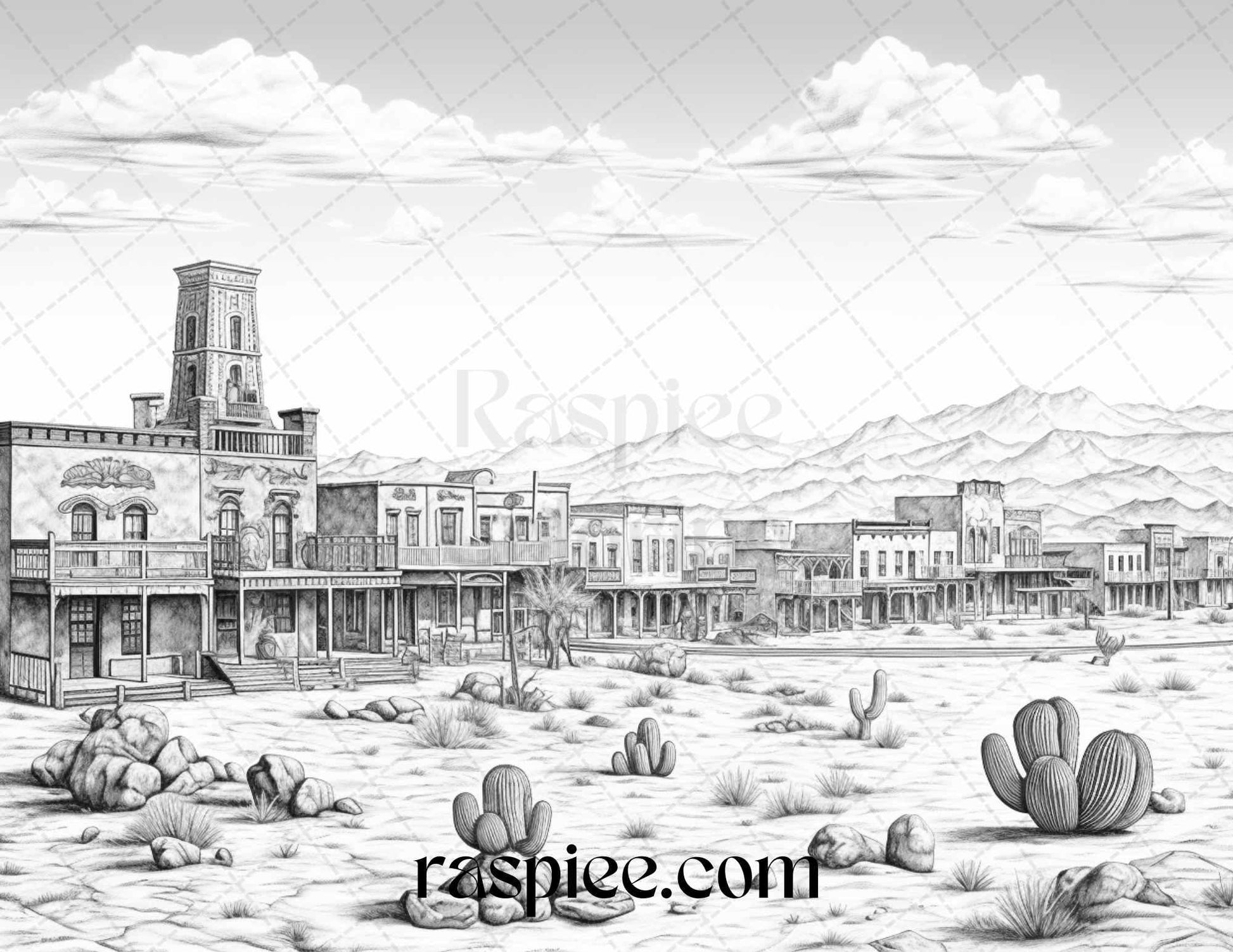 40 Wild West Towns Grayscale Coloring Pages Printable for Adults, PDF File Instant Download