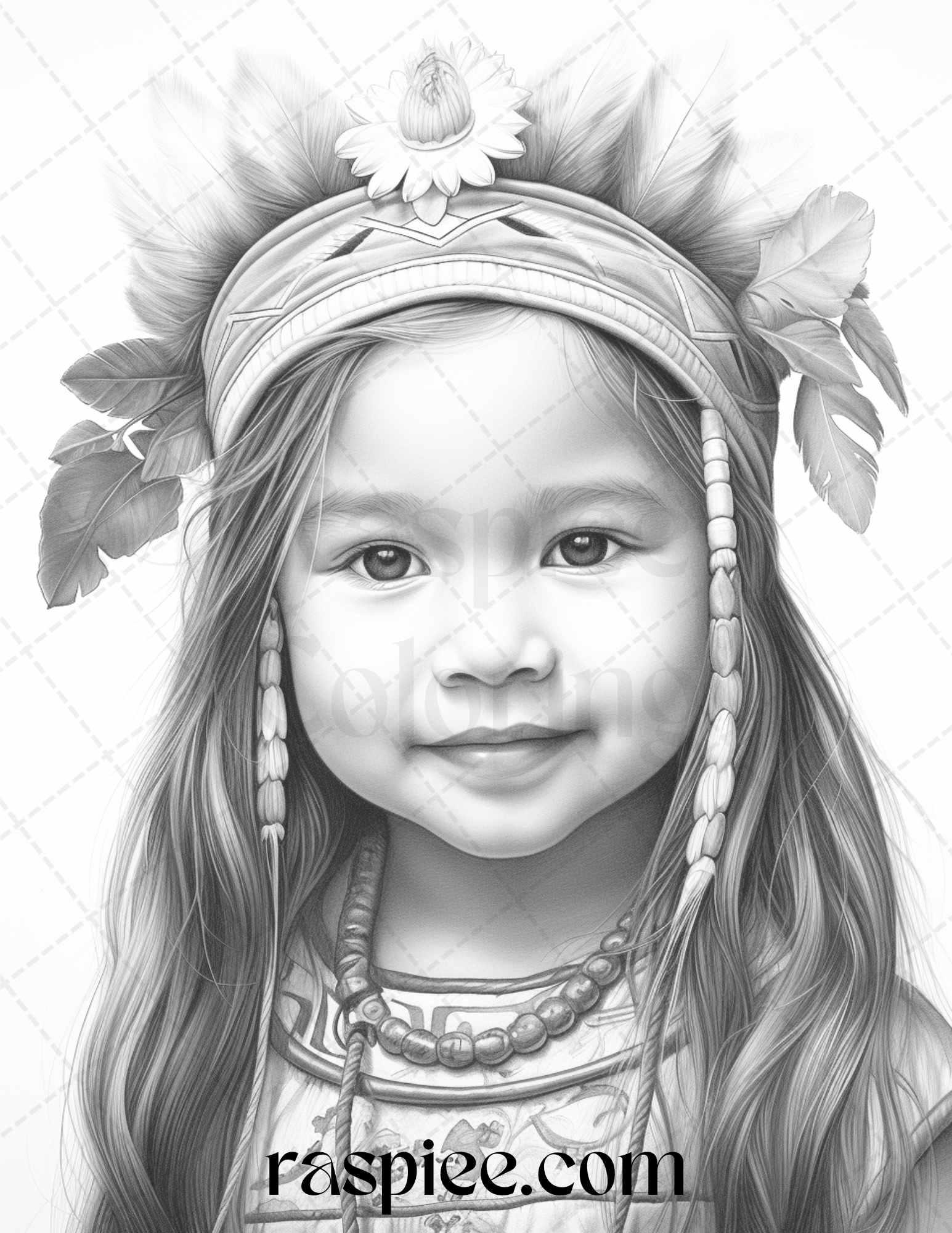 50 Native American Little Girls Boys Grayscale Coloring Pages Printable for Adults Kids, PDF File Instant Download
