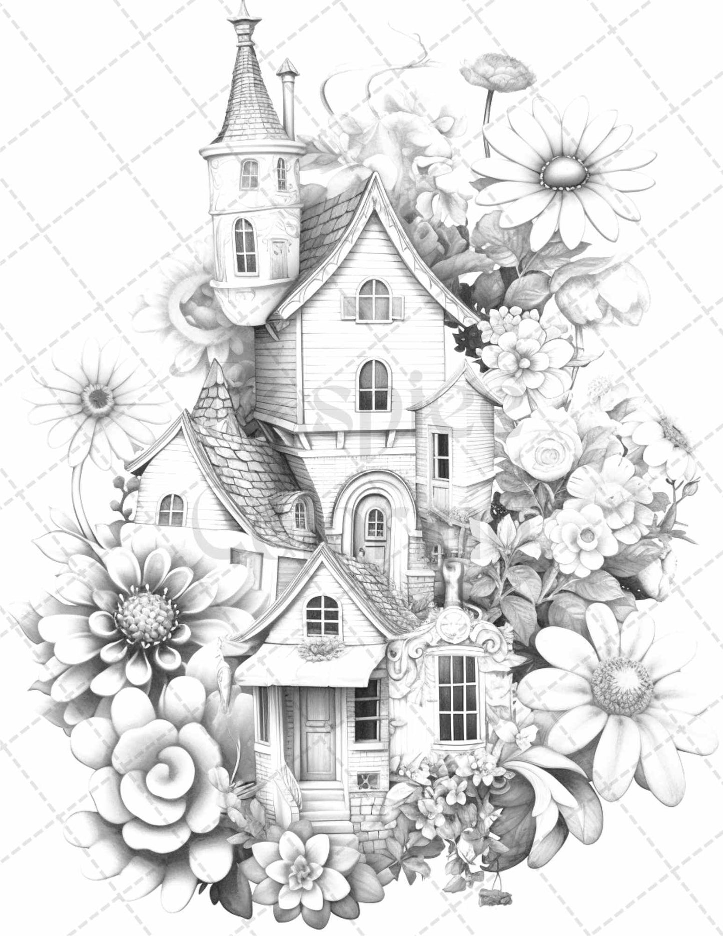 60 Flower Houses Grayscale Coloring Pages Printable for Adults, PDF File Instant Download