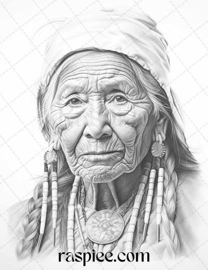 Native American Portrait Grayscale Coloring Pages Printable for Adults, PDF File Instant Download