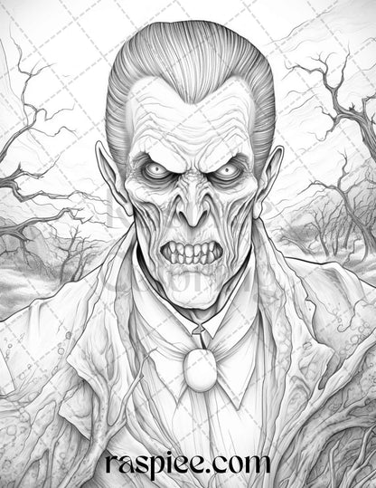 60 Halloween Vampire Grayscale Coloring Pages Printable for Adults, PDF File Instant Download