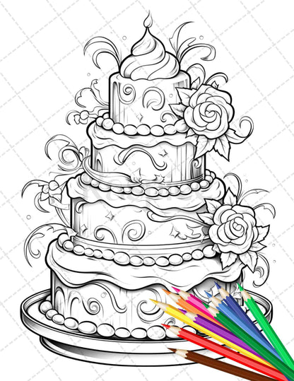 38 Whimsical Cakes Grayscale Coloring Pages for Adults, PDF File Instant Download