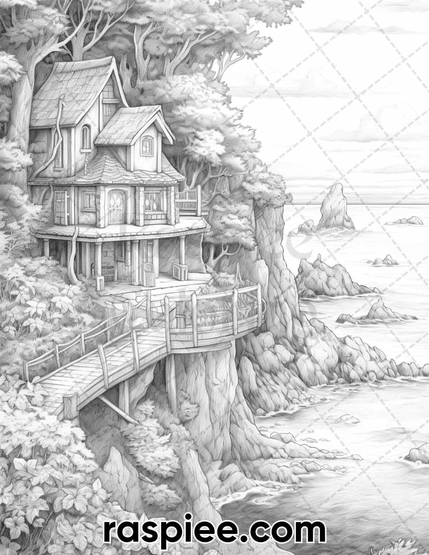 50 Fairy Beach Houses Grayscale Coloring Pages for Adults, Printable PDF Instant Download