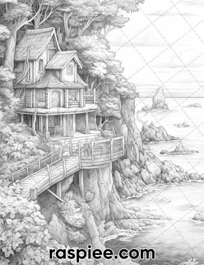 50 Fairy Beach Houses Grayscale Coloring Pages for Adults, Printable PDF Instant Download