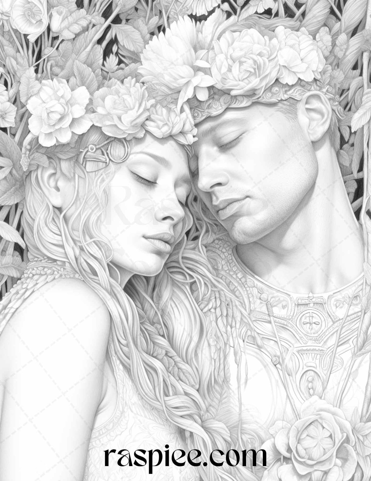50 Romantic Couple Flowers Grayscale Coloring Pages Printable for Adults, PDF File Instant Download