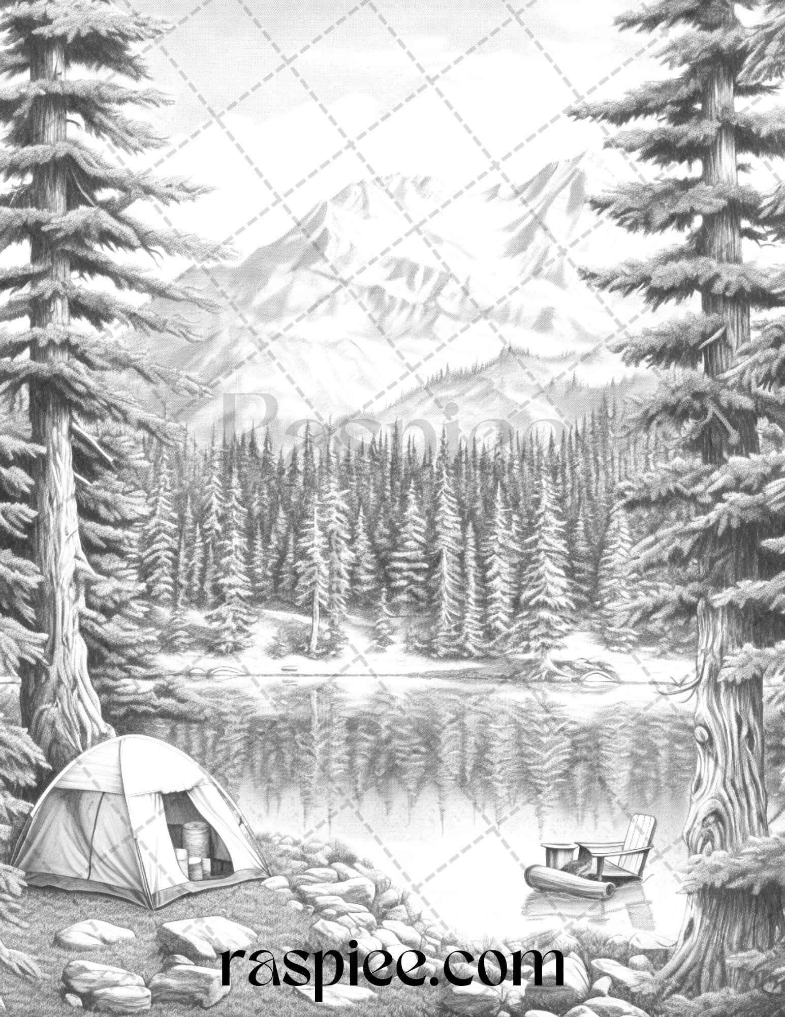 Nature Camping Grayscale Coloring Pages Printable, Relaxing Outdoor Scenes, PDF File Instant Download