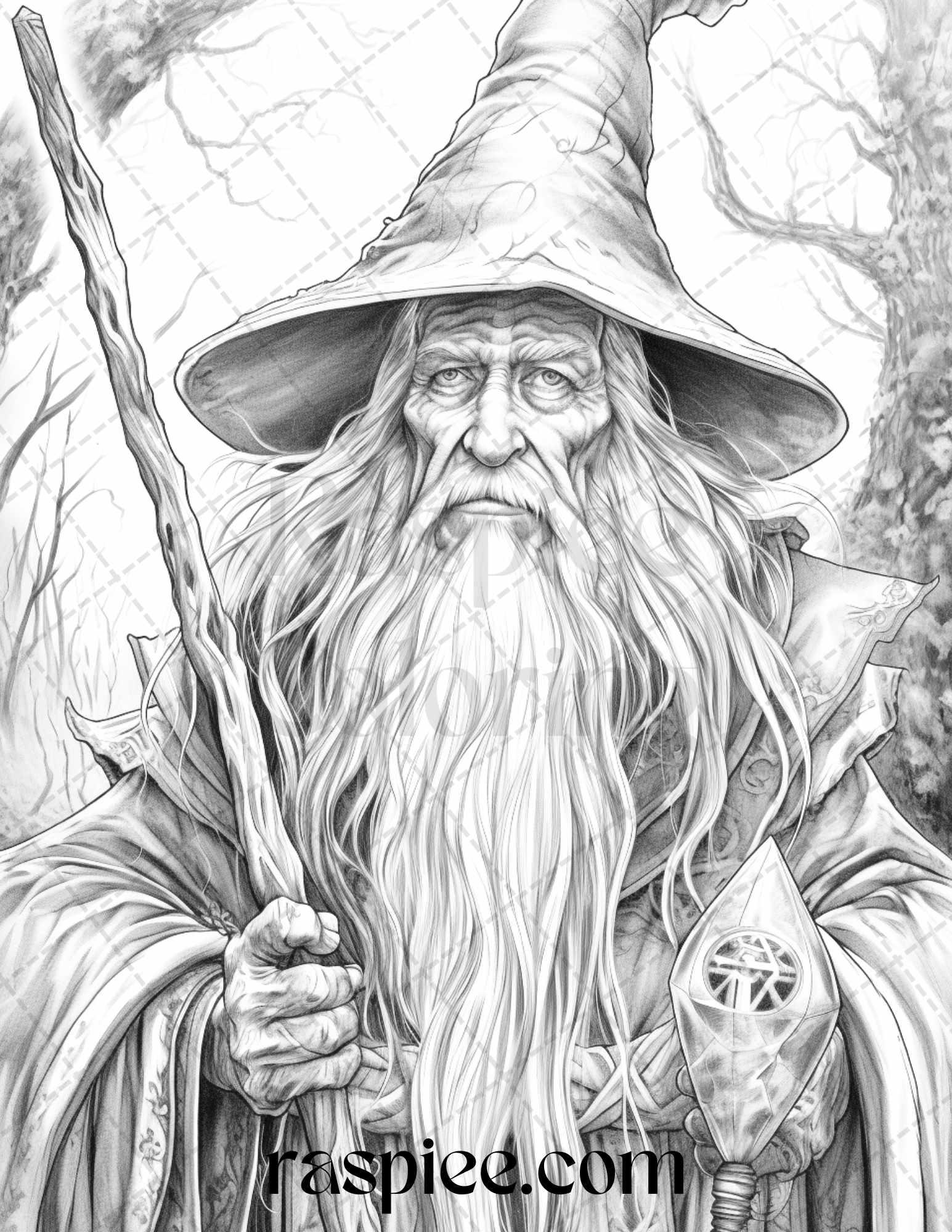50 Magical Wizard Grayscale Coloring Pages for Adults, Printable PDF File Instant Download
