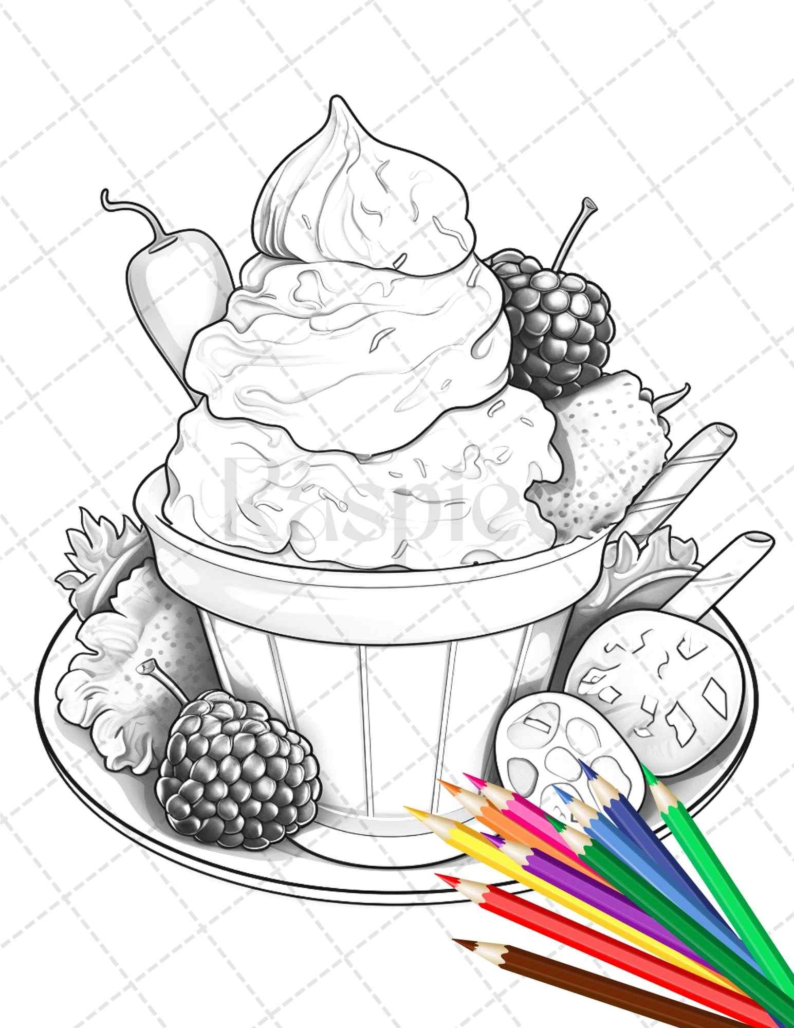 52 Printable Ice Cream Desserts Coloring Pages for Adults and Kids, Grayscale Coloring Page, PDF File Instant Download