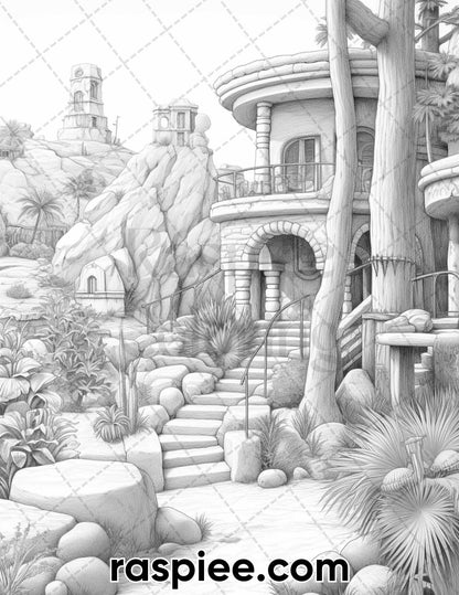 55 Desert Oasis Fairy Homes Grayscale Coloring Pages for Adults, Printable PDF Instant Download