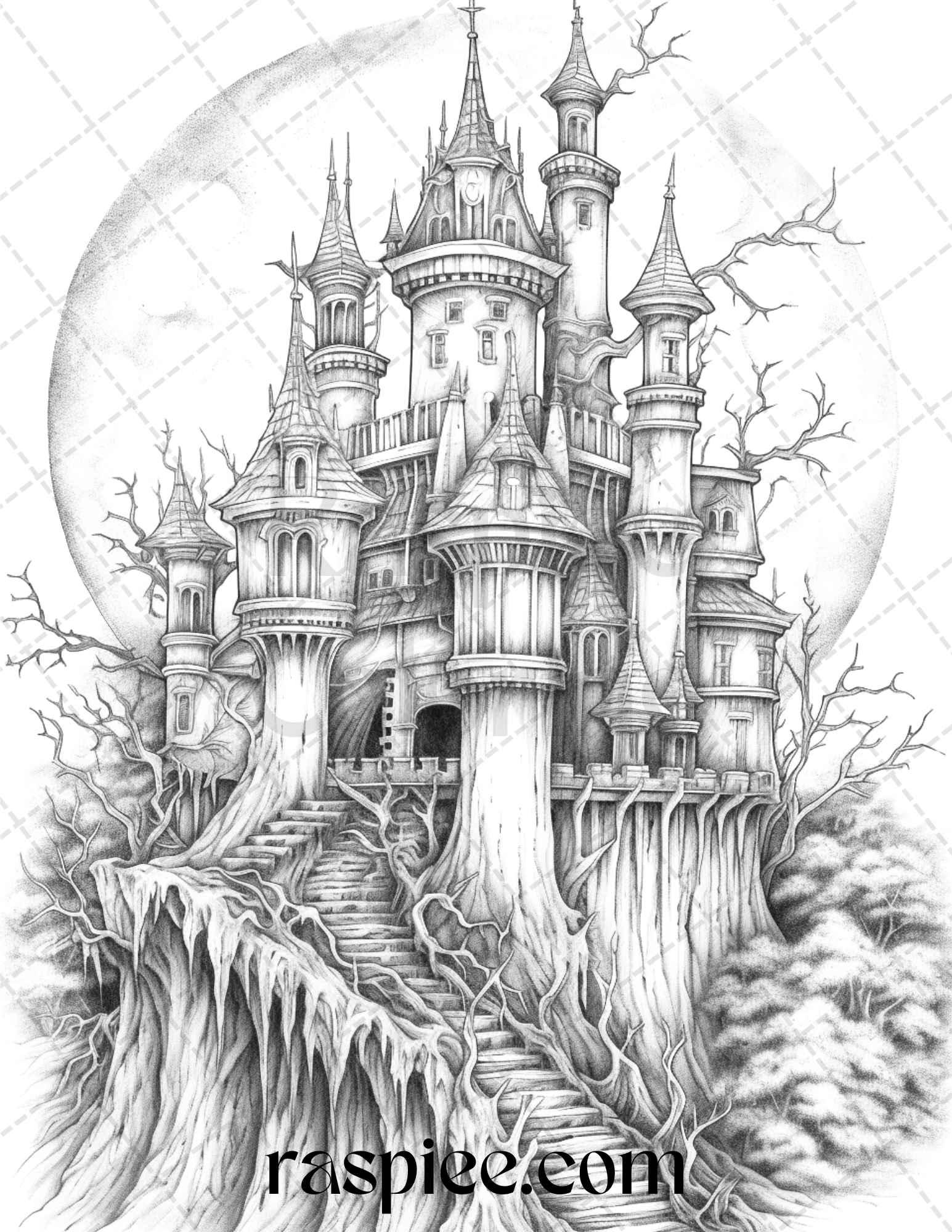50 Haunted Castles Grayscale Coloring Pages Printable, Halloween Coloring Book, PDF File Instant Download