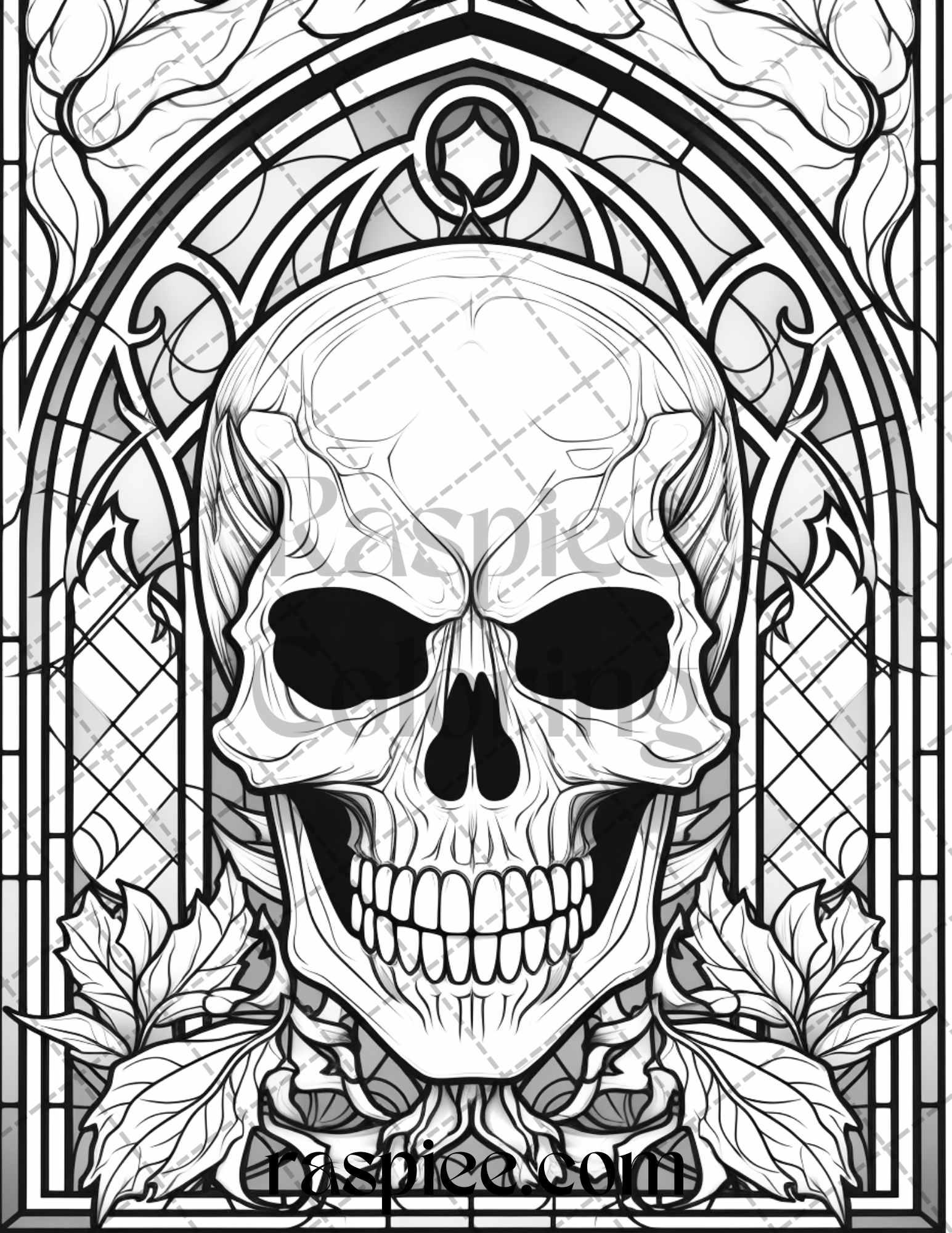 70 Halloween Stained Glass Grayscale Coloring Pages Printable for Adults, PDF File Instant Download