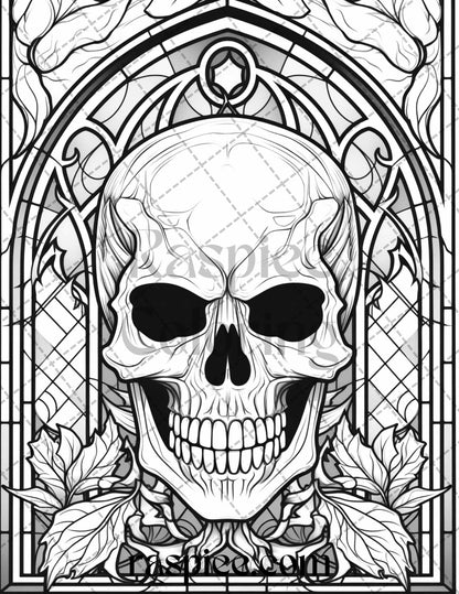 70 Halloween Stained Glass Grayscale Coloring Pages Printable for Adults, PDF File Instant Download