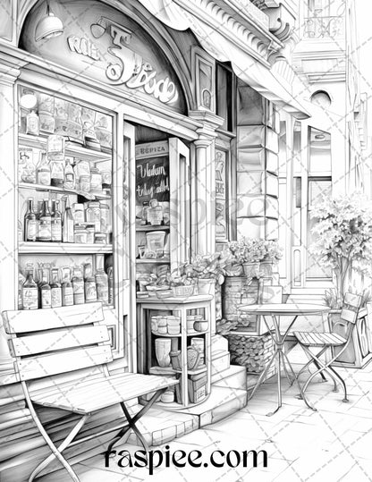 50 Cozy Coffee Shop Grayscale Coloring Pages Printable for Adults, PDF File Instant Download