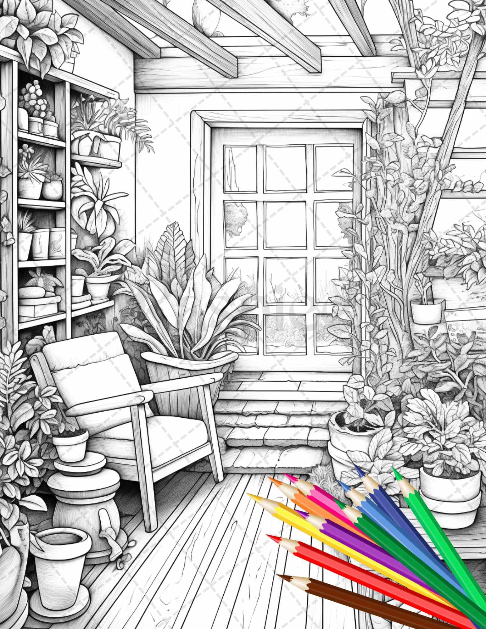 38 Indoor Houseplants Coloring Pages Printable for Adults, Grayscale Coloring Page, PDF File Instant Download