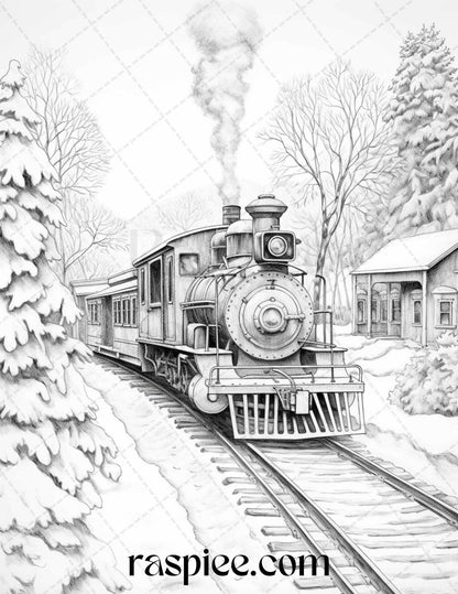 Winter Scenery Grayscale Coloring Pages Printable, Relaxing Snowy Landscapes, PDF File Instant Download