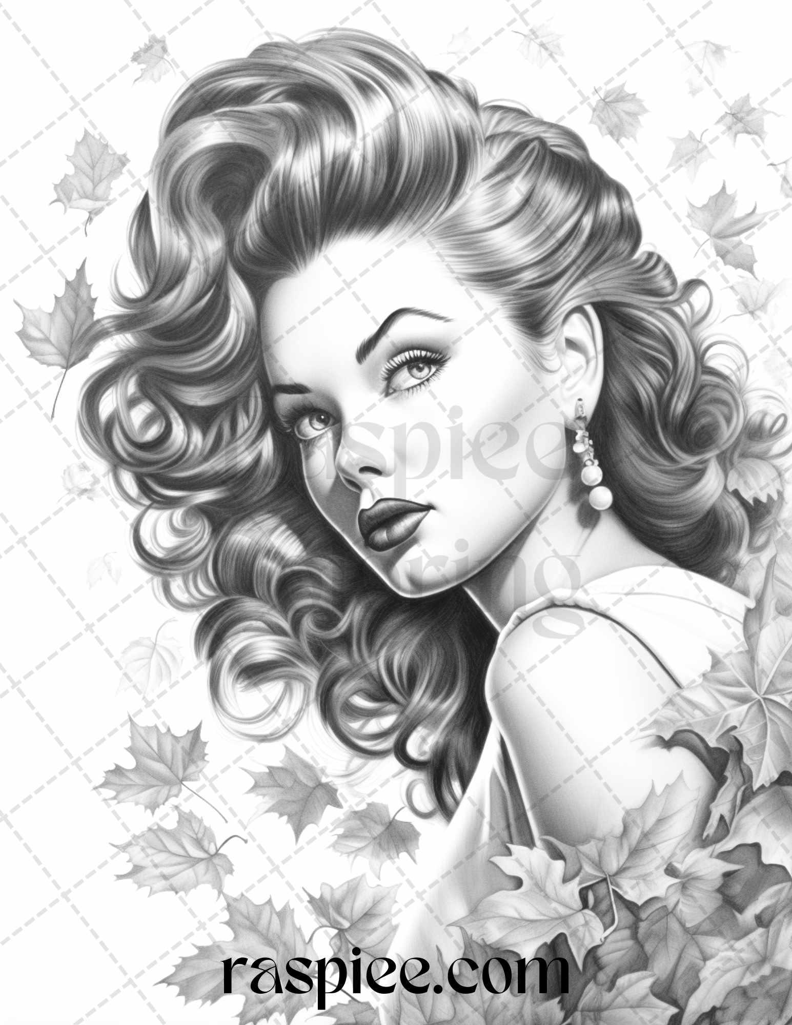 55 Autumn Pin Up Girls Grayscale Coloring Pages Printable for Adults, PDF File Instant Download