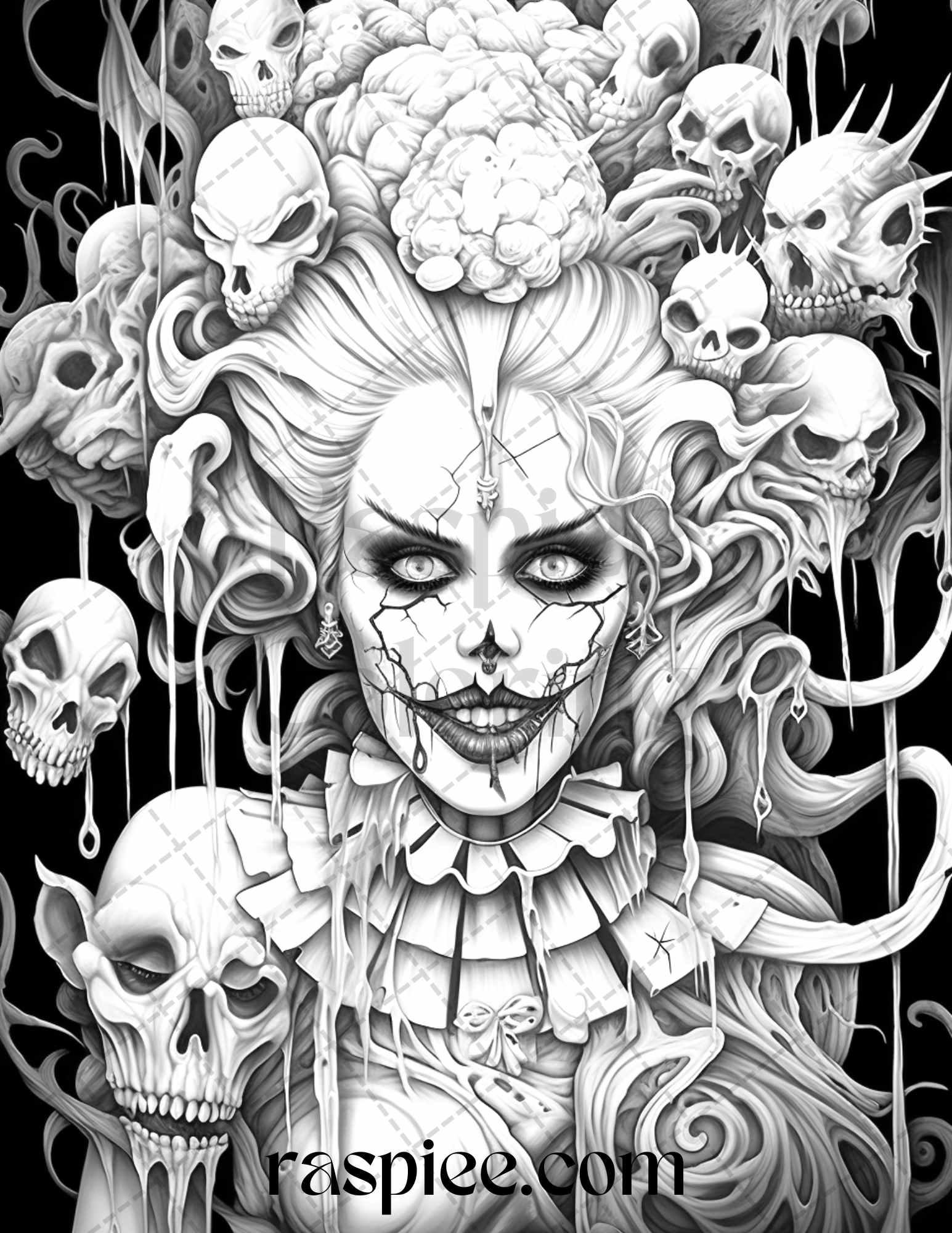 50 Scary Clown Girls Grayscale Coloring Pages Printable for Adults, PDF File Instant Download