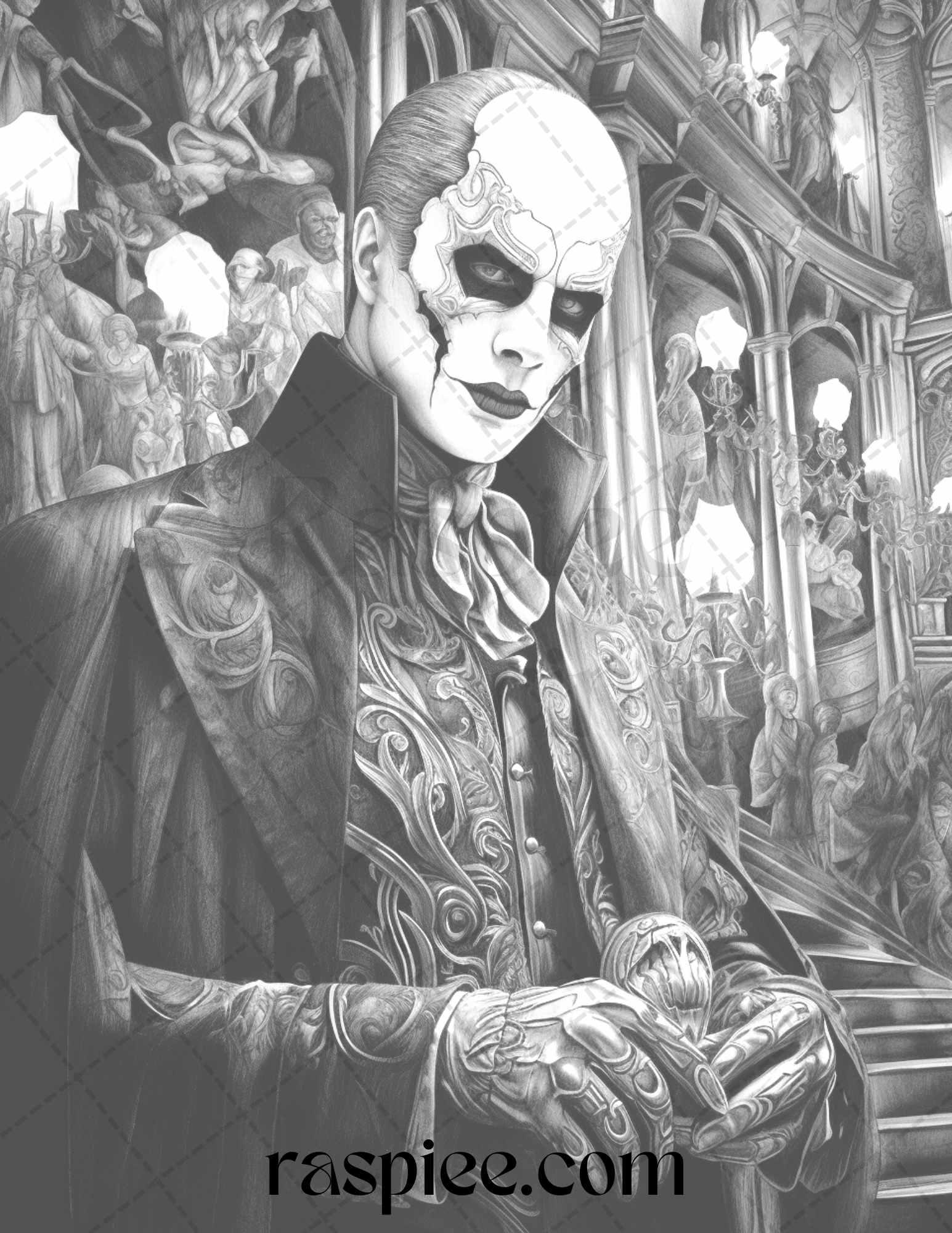Phantom of the Opera Grayscale Coloring Pages Printable for Adults, PDF File Instant Download