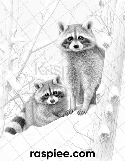 55 Winter Wildlife Grayscale Coloring Pages for Adults, Printable PDF Instant Download