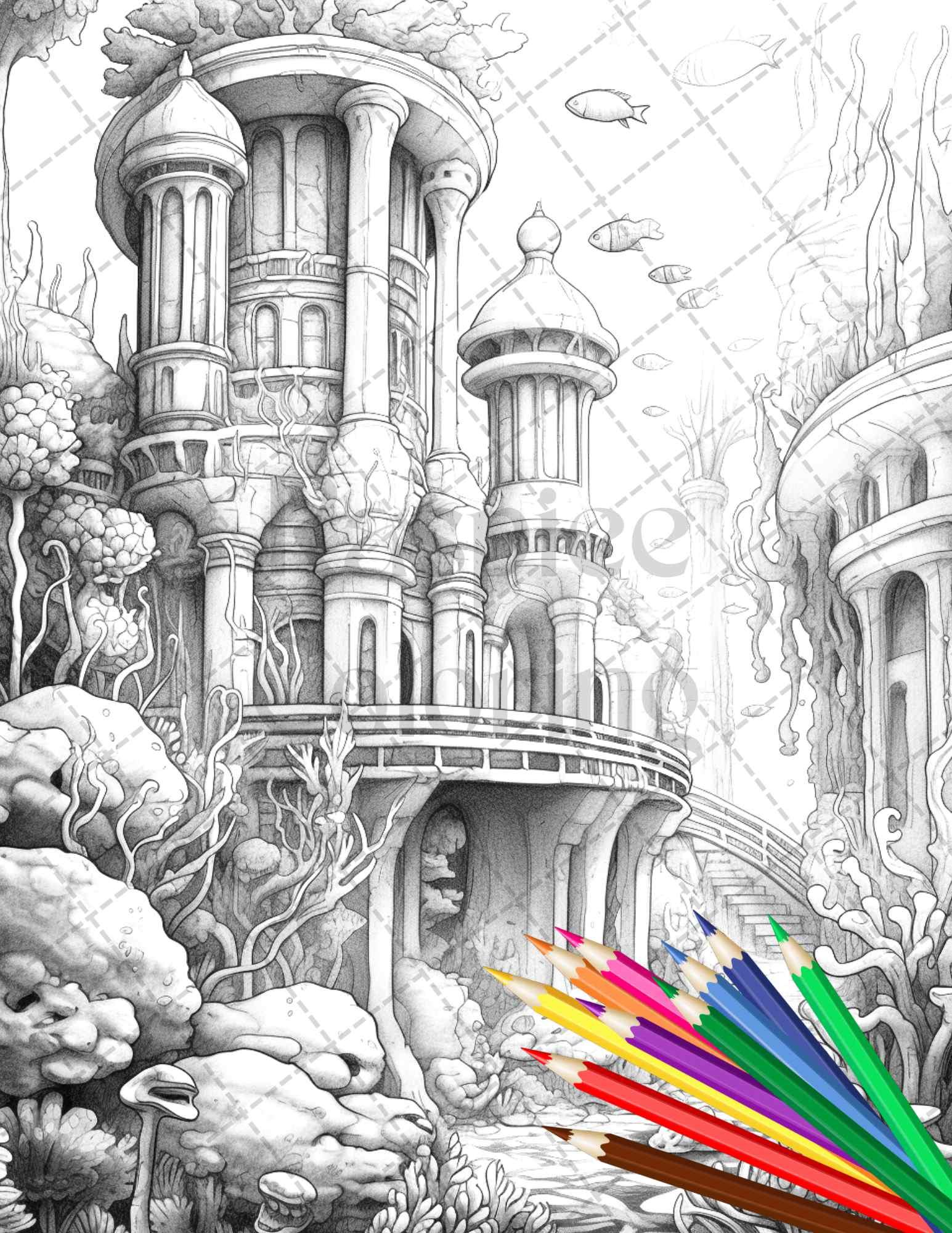 Enchanted Underwater City Grayscale Coloring Pages Printable for Adults, PDF File Instant Download