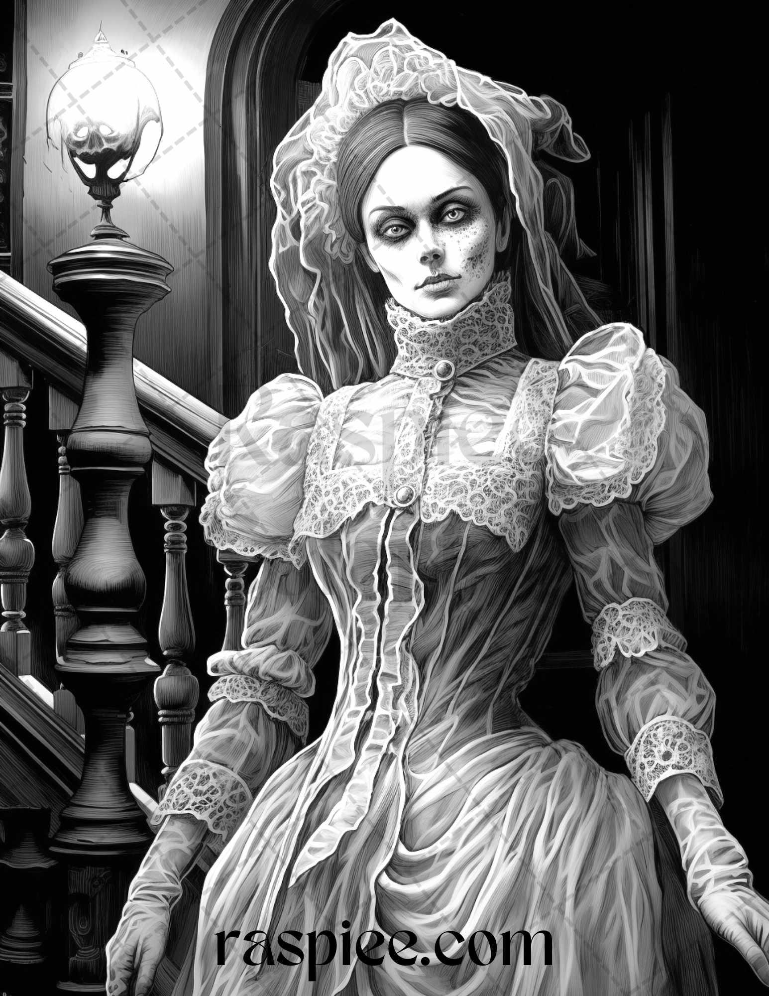 60 Halloween Victorian Era Grayscale Coloring Pages Printable for Adults, PDF File Instant Download