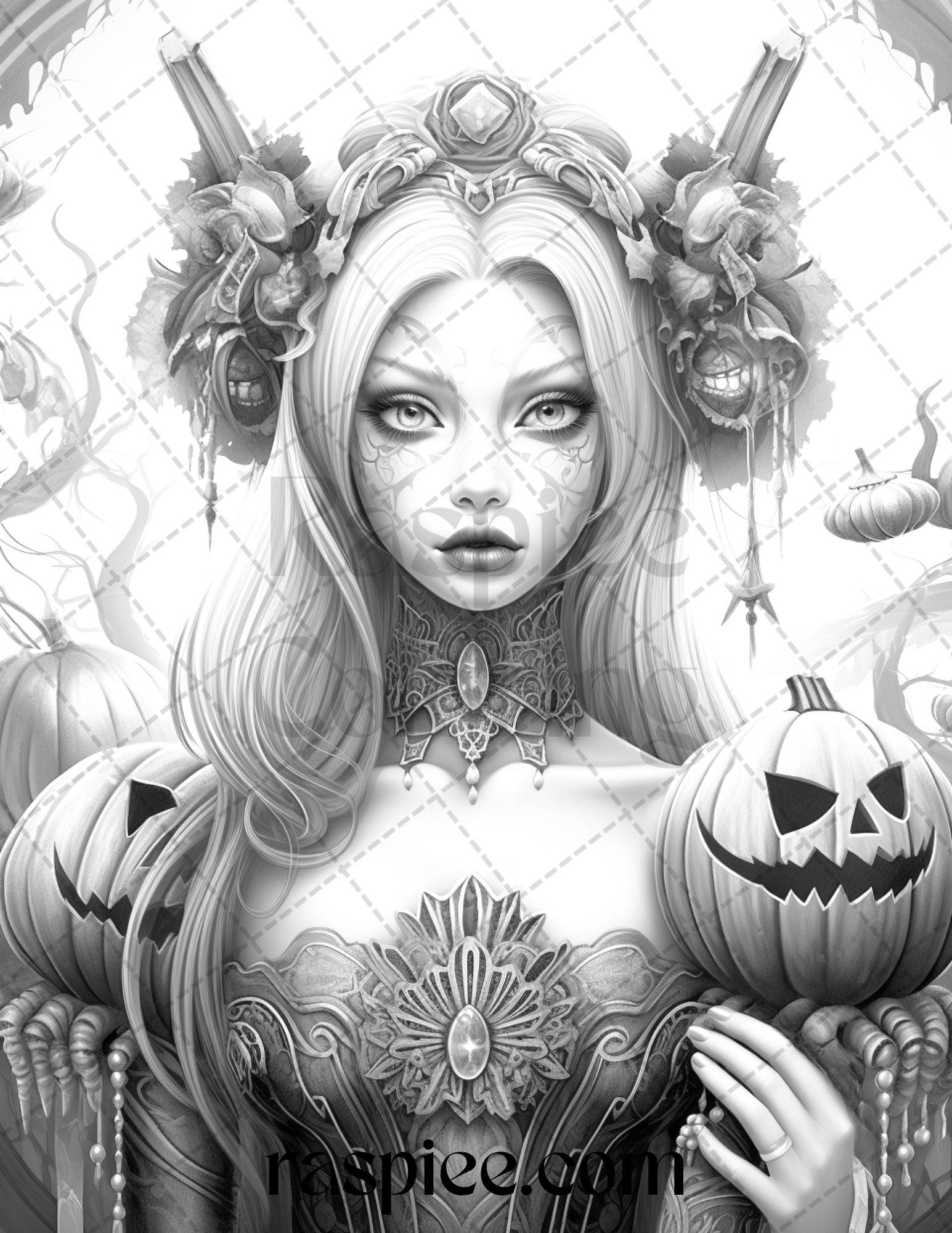 55 Halloween Girls Grayscale Coloring Pages Printable for Adults, PDF File Instant Download
