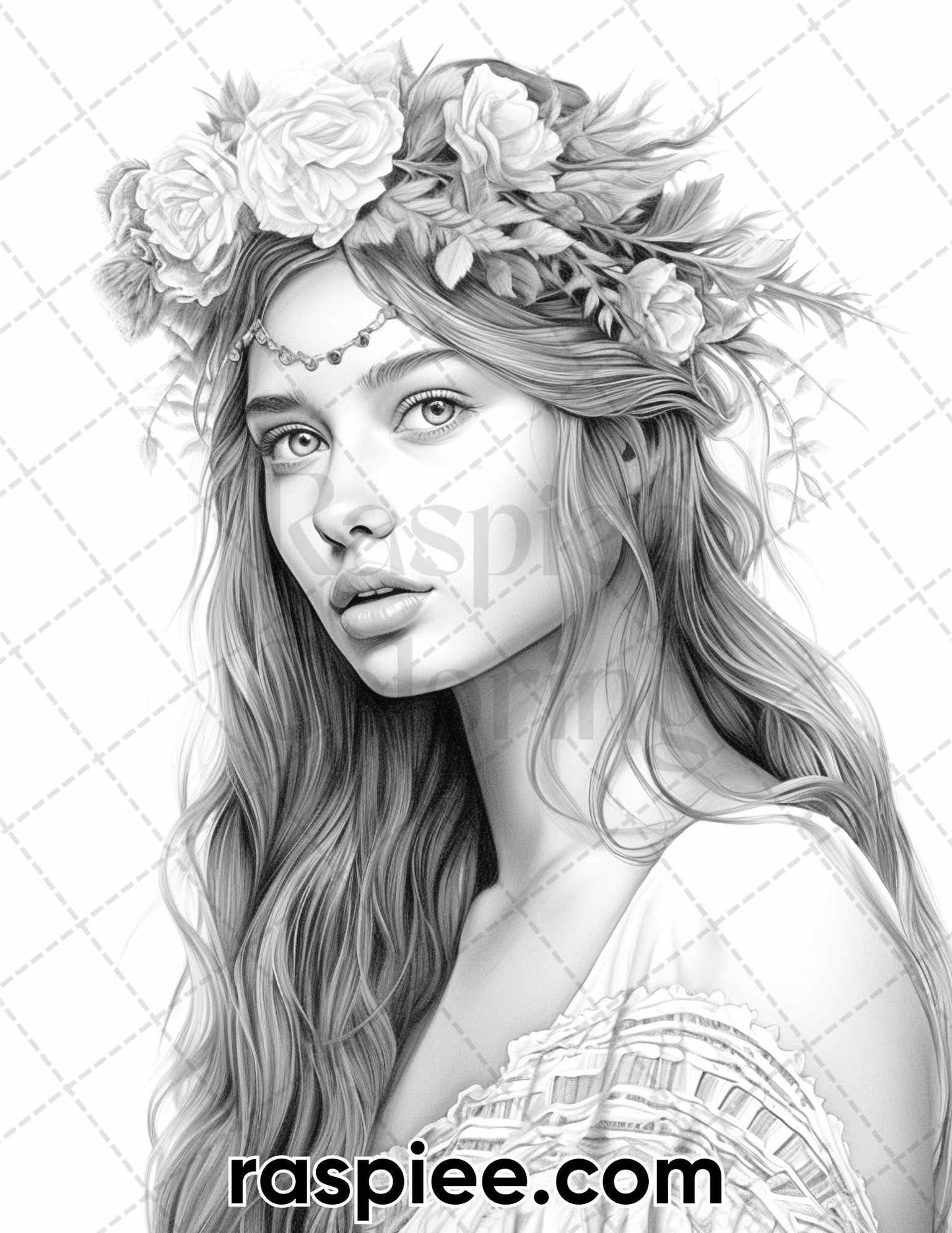 60 Bohemian Beauties Grayscale Coloring Pages for Adults, Printable PDF Instant Download