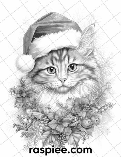 40 Christmas Cats Grayscale Coloring Pages for Adults, Printable PDF Instant Download