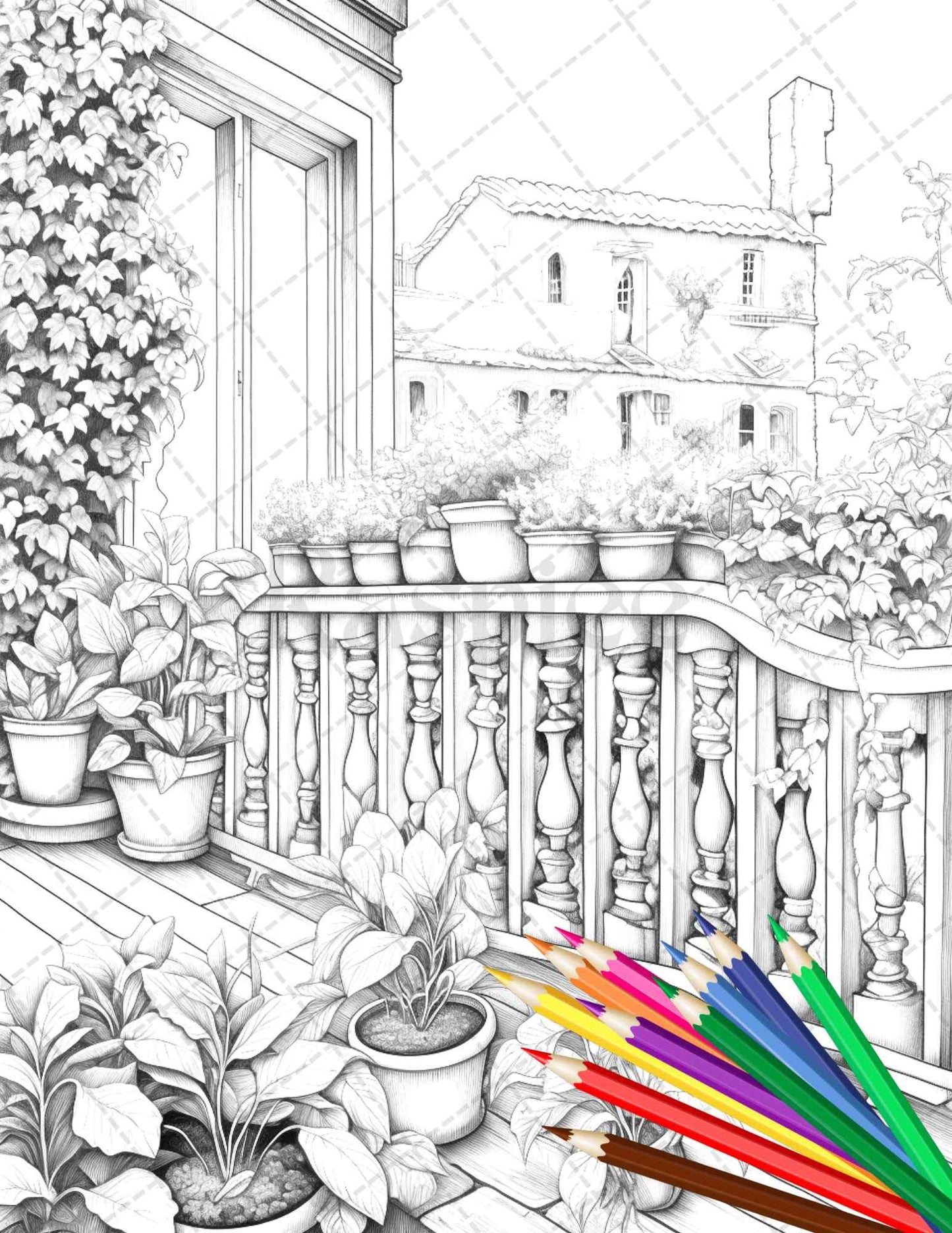 Charming Balcony Garden Grayscale Coloring Pages Printable for Adults, PDF File Instant Download