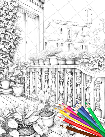 Charming Balcony Garden Grayscale Coloring Pages Printable for Adults, PDF File Instant Download