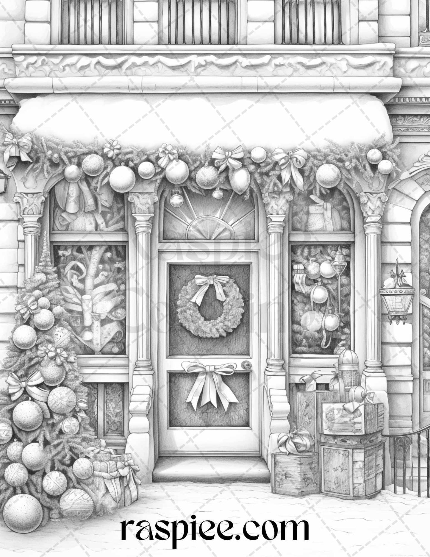 Christmas Store Front Grayscale Coloring Pages for Adults, PDF Printable Instant Download