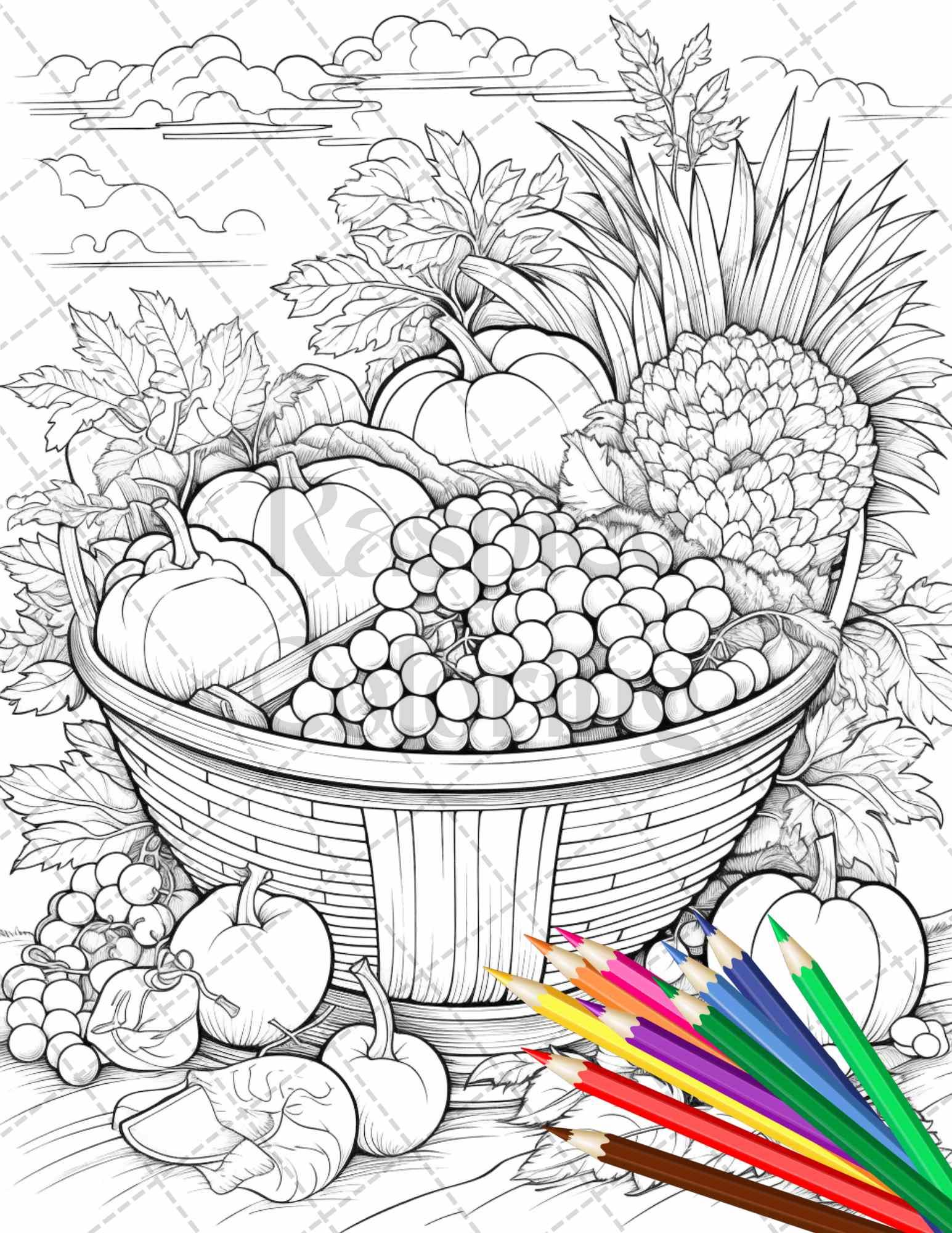 Autumn Harvest Grayscale Coloring Pages Printable for Adults, Relaxing Fall Themed Art, PDF File Instant Download