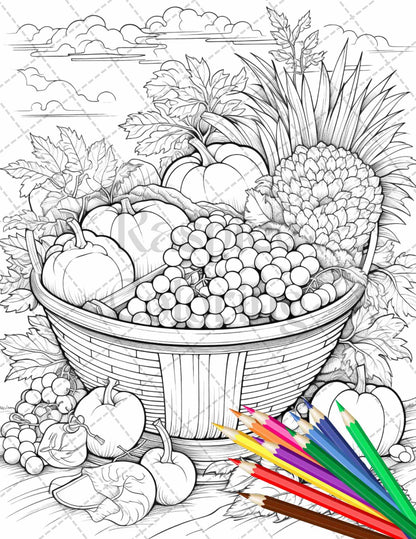 Autumn Harvest Grayscale Coloring Pages Printable for Adults, Relaxing Fall Themed Art, PDF File Instant Download