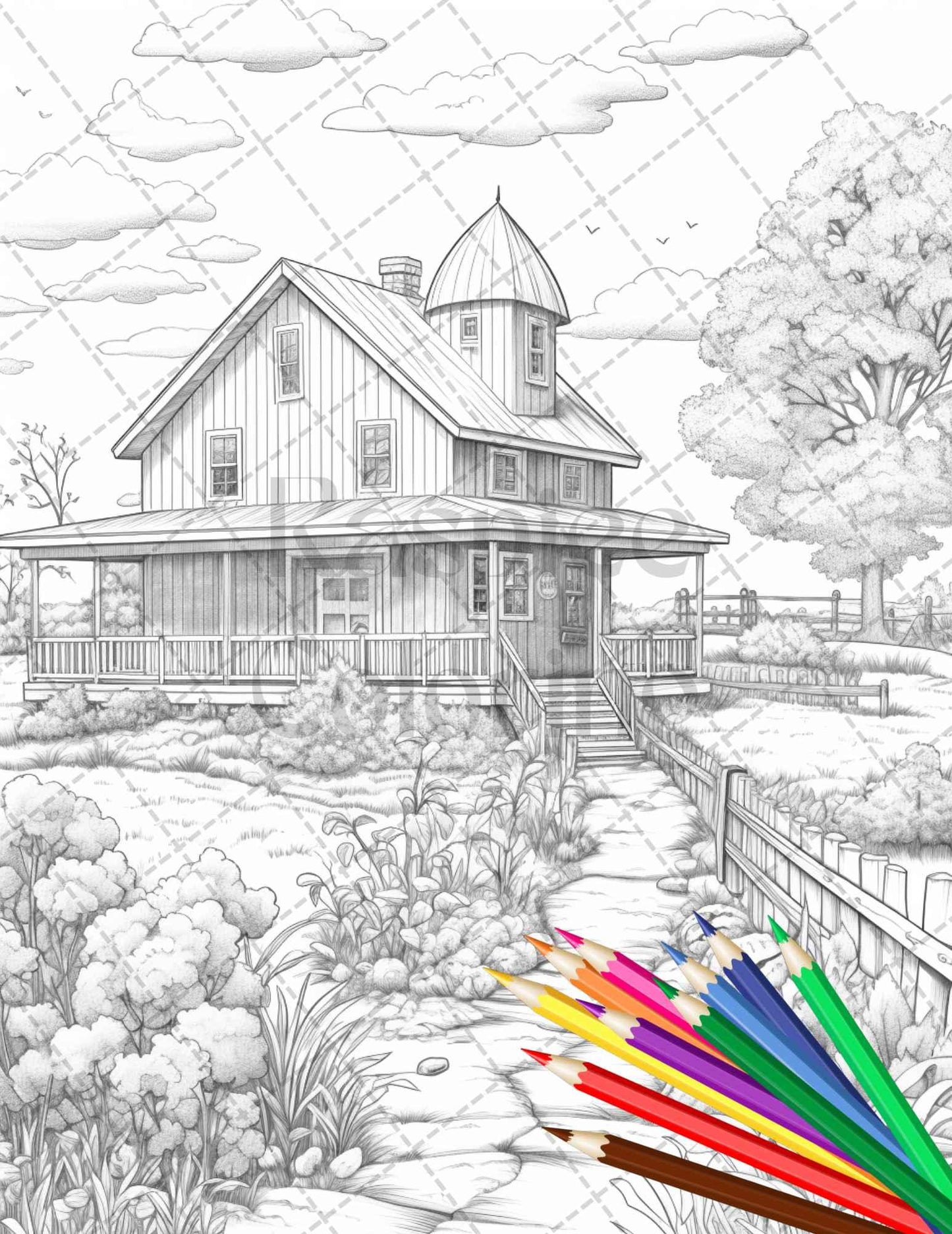Charming Farmhouse Scenery Grayscale Coloring Pages Printable for Adults, PDF File Instant Download