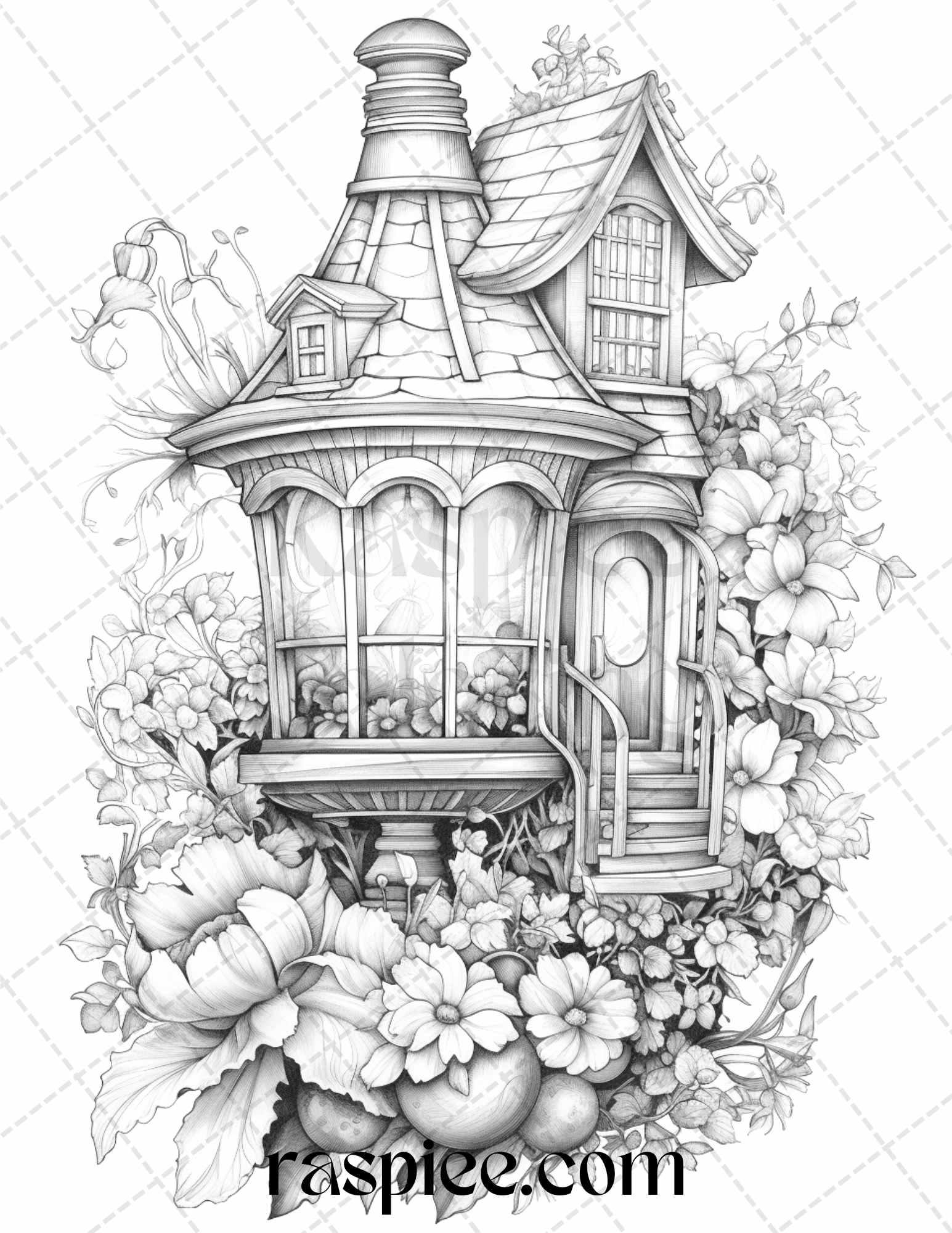 50 Lantern Fairy Houses Grayscale Coloring Pages Printable for Adults, PDF File Instant Download