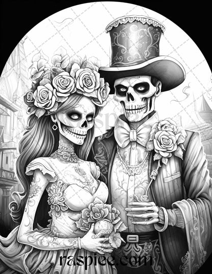 50 Day of the Dead Grayscale Coloring Pages Printable for Adults, PDF File Instant Download