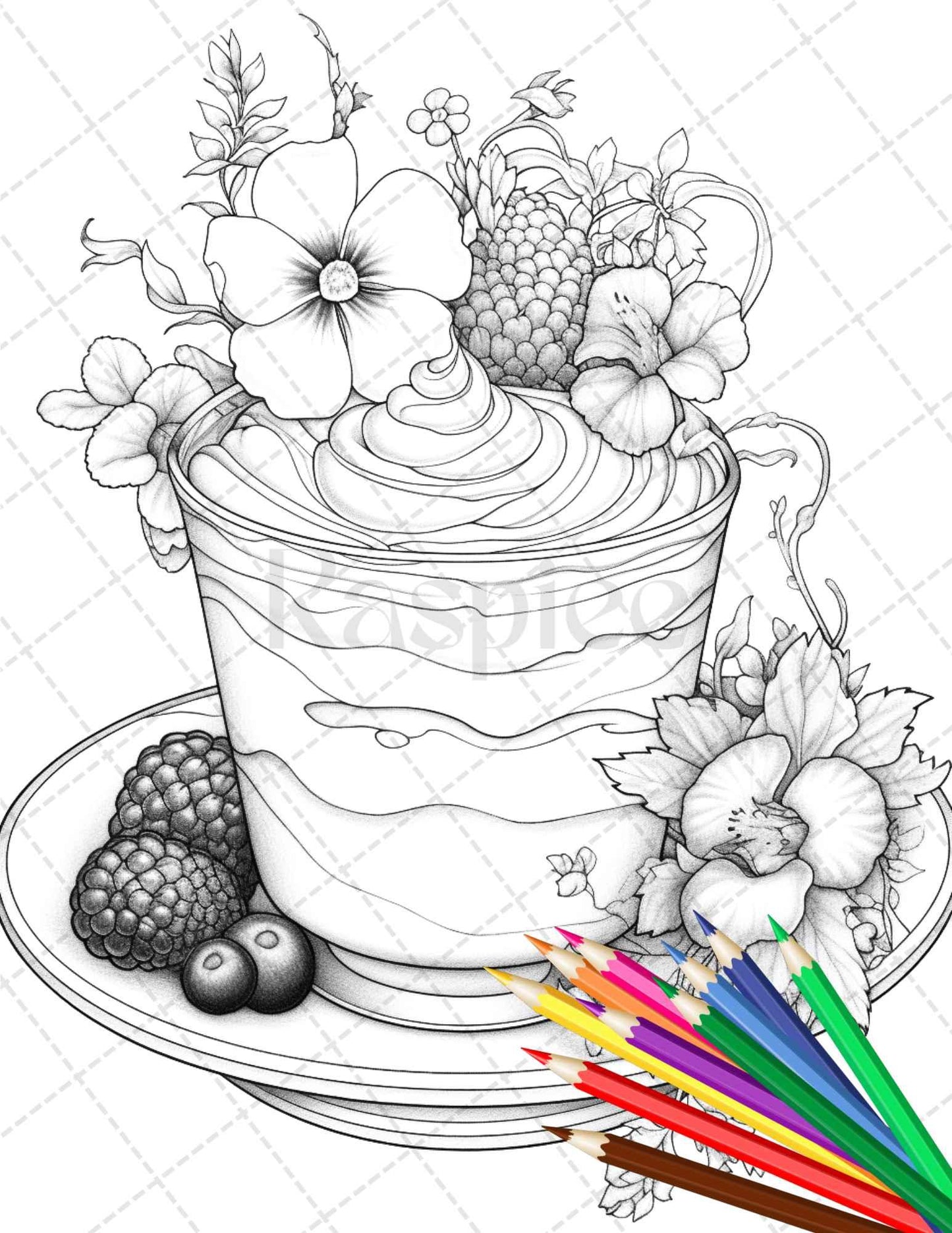 36 Sweet Desserts Coloring Pages Printable for Adults, Grayscale Coloring Page, PDF File Instant Download