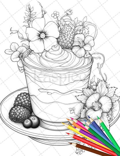 36 Sweet Desserts Coloring Pages Printable for Adults, Grayscale Coloring Page, PDF File Instant Download