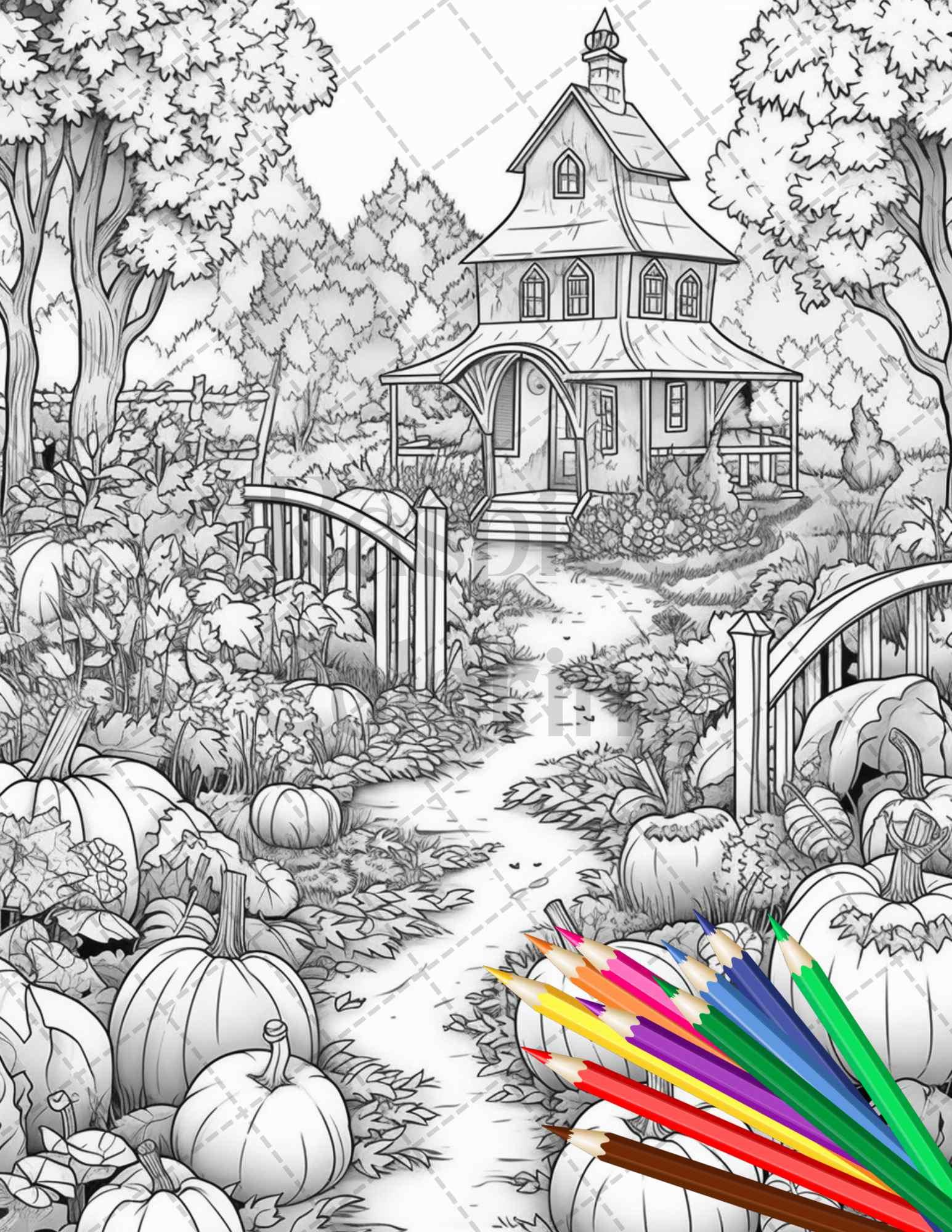 Pumpkin Garden Scenery Grayscale Coloring Pages Printable for Adults, PDF File Instant Download