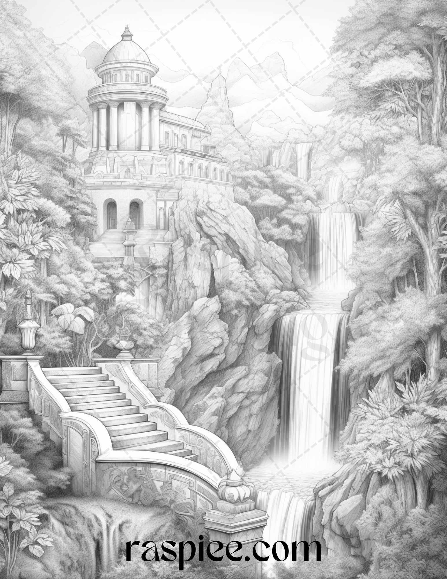 Mystical World Grayscale Coloring Pages Printable for Adults, Enchanting Fantasy Designs, PDF File Instant Download