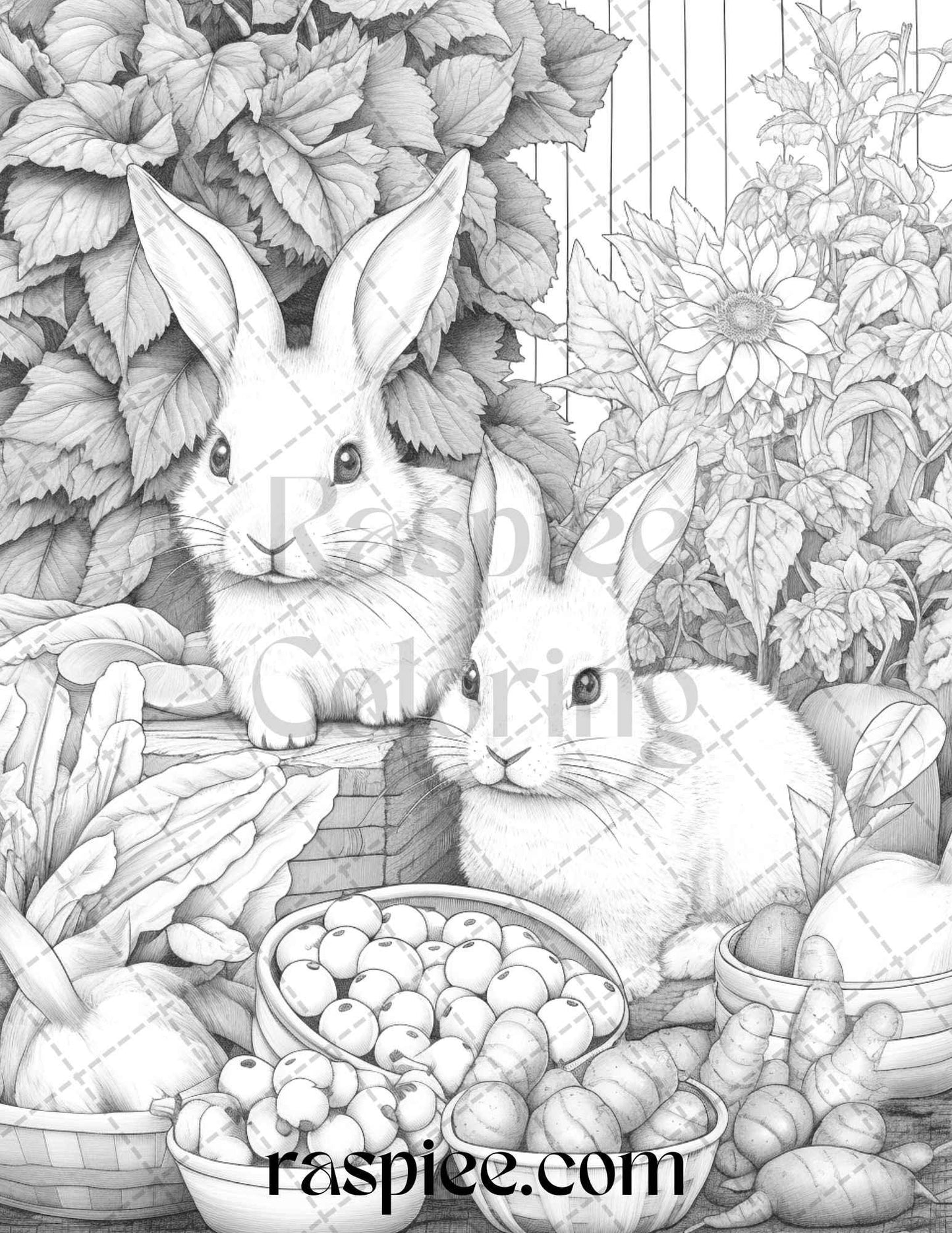 50 Rabbit Garden Grayscale Coloring Pages Printable for Adults, PDF File Instant Download