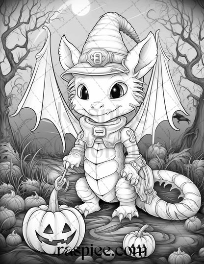50 Cute Pumpkin Dragons Graycale Coloring Pages for Adults and Kids, Printable PDF File Instant Download